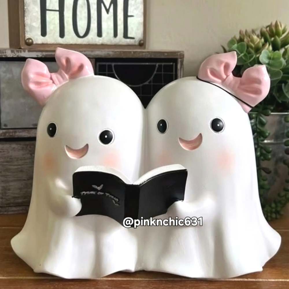 Pink Bow Ghost Girl Statue Twins Book Reading Ghosts Halloween Decor